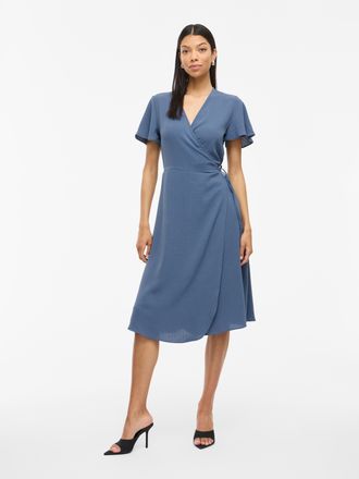 Vila Wickelkleid VILA VILOVIE S/S WRAP MIDI DRESS - NOOS, Damen, Gr. 36, N-Gr, blau (vintage indigo), Web, Obermaterial: 100% Polyester, unifarben, regular