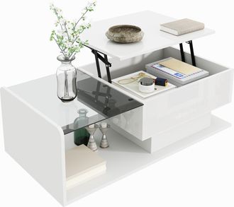 STILVORA Mesa De Centro Elevable Con Tablero De Cristal Y Led, Blanco Brillo, Estilo Moderno, En Tablero De Part&iacute;culas, Blanco