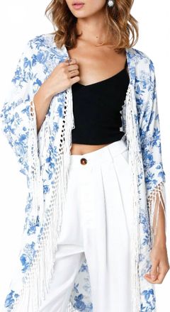 Olivaceous Fringe Half Sleeve Kimono In Blue