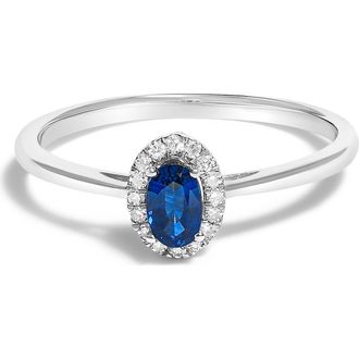 House of Brilliance 10K White Gold Oval and Diamond Accent Halo Birthstone Ring in Blue Sapphire at Nordstrom, Size 6.5