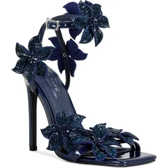 Azalea Wang Romi Floral Ankle Strap Sandal in Navy at Nordstrom, Size 7.5