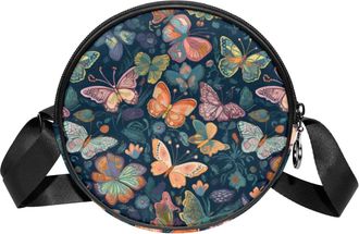 Generic Circle Crossbody Bag for Women, Butterflies Small Sling Bag Daypack with Zipper Adjustable Shoulder Straps Casual Ladies Girls Round Purse