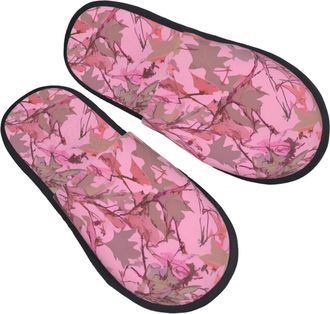 Generic Slippers Pink Leaves Camo, Black Fluffy Shoes Warm Sliders For Bedroom Winter Big Kid L