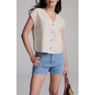 Mavi Stripe Cap Sleeve V-Neck Button-Up Shirt in Ivory With Black Stripe at Nordstrom, Size X-Small