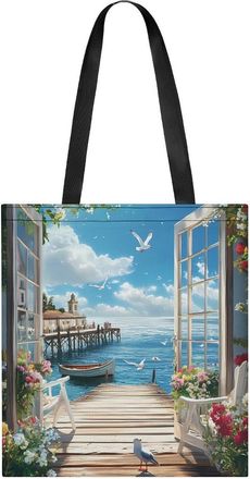 Generic Seaside Boat Scenery Tote Bag for Women Men Shoulder Bags Purses Pouch Handbags