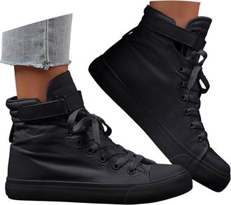 Generic Womens High Top Canvas Sneakers Fashion Lace up Casual Walking Shoes Platform Slip On Sneakers for Women Flat Ankle Boots Round Toe Lightweight Non Sl