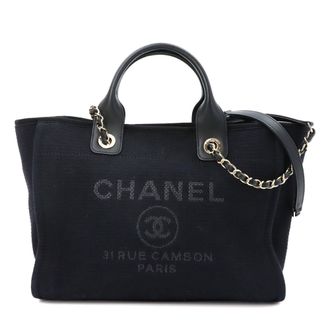 Chanel Black Canvas Leather Handbag Tote Bag (Pre-Owned)
