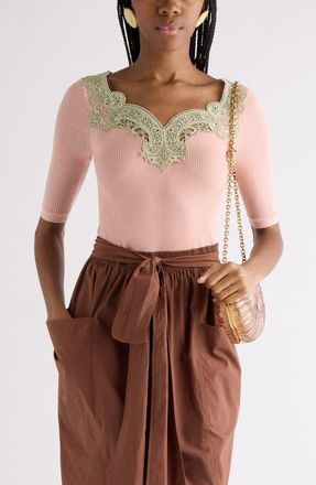 Chlo&eacute; Lace Trim Rib Wool Sweater in Tender Pink at Nordstrom, Size X-Small