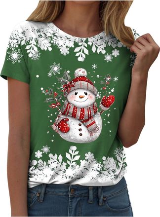 Generic Christmas Tops for Women Christmas Shirts UK Short Sleeve Casual Jumper Merry Santa Snowflake Print T-Shirts Loose Funny Xmas Tree Print Sweatshirt Tu