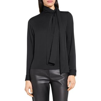 Theory Tie Neck Silk Top in Black at Nordstrom Rack, Size Large