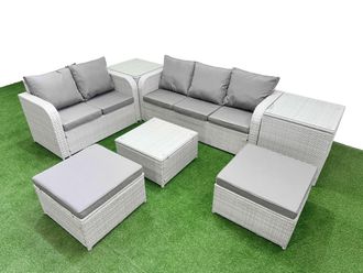 Fimous 7 Seater PE Rattan Wicker Garden Furniture Patio Conservatory Sofa Set w/ Square Coffee Table 3 Seater Sofa Love Sofa 2 Big Footstool 2 Side