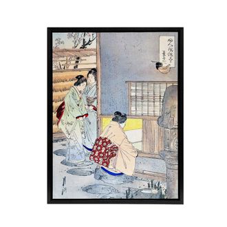 Artery8 Women Tea Gathering at Teahouse Framed Canvas Wall Art Print Ogata Gekko in Blue | Size: W24 x H32