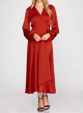She + Sky Long Sleeve Maxi Satin Wrap Dress With Front Side Tie In Rust