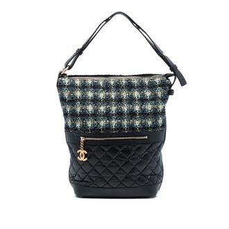 Chanel Tweedehands Gequilte Verouderde Kalfshuid en Tweed Casual Stijl Hobo