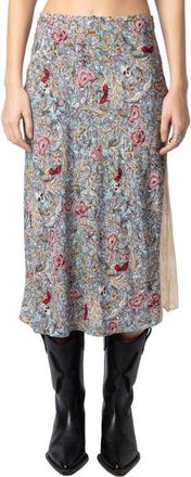 Zadig&Voltaire Jayla British Flowers Lace Inset Midi Skirt in Mist at Nordstrom, Size 10 Us