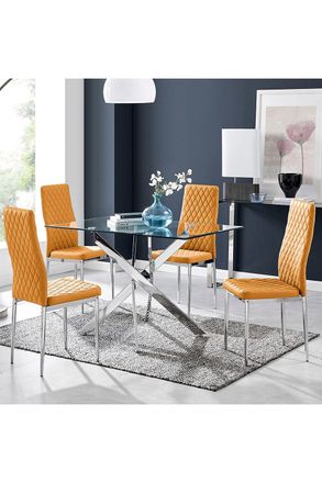 Furniturebox Leonardo Glass & Chrome Metal Dining Table & 4 Milan Chairs Set in Mustard