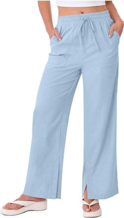 Generic Linen Trousers Womens Straight Leg Trousers Elasticated Waist Drawstring Cotton Palazzo Pants Ladies Casual Pants with Pockets Womens Holiday Clothes 