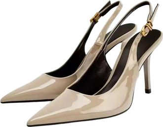 Generic Women Patent Leather High Heel Pumps Pointed Toe Ankle Strap Office Dress Shoes Beige