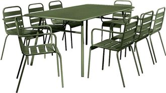 Vente-Unique Comedor de jard&iacute;n de metal - Mesa L.200 cm y 8 sillones apilables - Verde caqui - MIRMANDE de MYLIA