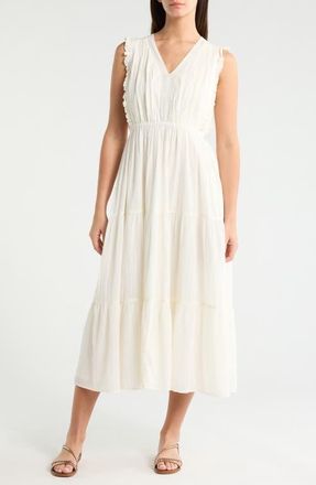 Lucky Brand Lace Detail Tiered Cotton Midi Dress in Whisper White at Nordstrom, Size Xx-Large