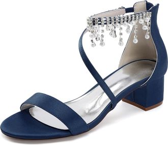 Generic Wedding Shoes Womens Low Heels Open Toe Chunky Heel Bridal Shoes Prom Evening Formal Party Shoes 4.5Cm,Dark Blue,10 UK