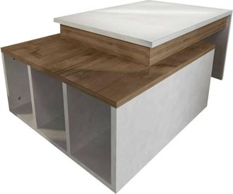 Dmora Mesa de café Dmckenni, Mesa de centro baja, Revistero para sofá, Estante de la sala de estar, 90x60h37 cm, Blanco y Nogal - Dmora
