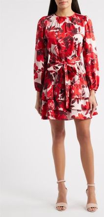 Anne Klein Floral Tiered Tie Waist Dress in Rose Mist Multi at Nordstrom, Size 16