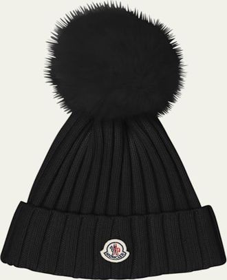 Moncler Ribbed Logo Beanie with Faux Fur Pom