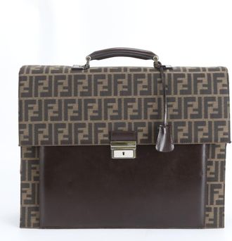 Fendi Brown Leather Canvas Briefcase Tote Bag (Pre-Owned)