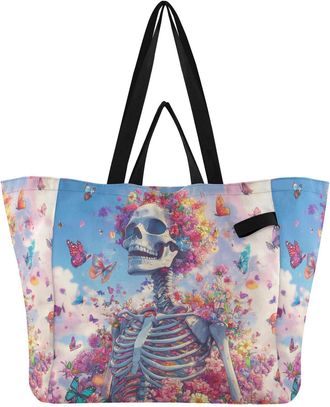 Generic Pink Butterfly Skeleton pattern Reusable Canvas Tote Bag, Heavy Duty Grocery Shopping Bag with Hard Bottom Double Handles Large Capacity Work Grocerie