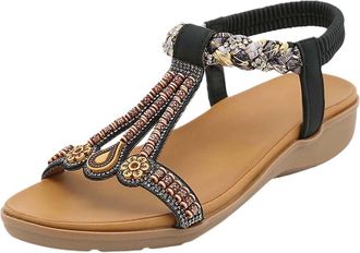 Generic Womens Flat Sandals Summer Shoes for Women UK Womens Summer Sandals Casual Comfortable Flip Flops Sparkly Rhinestone Shoes Ankle T-Strap Elastic Back 