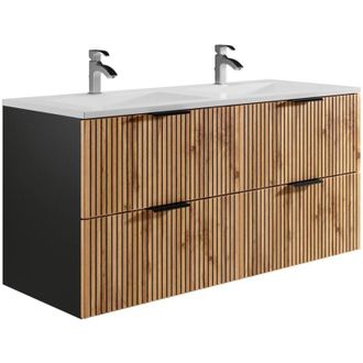 Vente-Unique Mobile per bagno sospeso con scanalature e lavabo da incasso 120 cm Naturale chiaro e Nero - MADELA