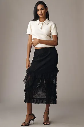 Anna Sui Victorian Lace Ruffle Midi Skirt