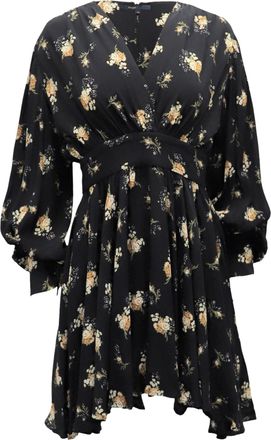 Maje Long Balloon Sleeves Floral Mini Dress in Black Silk