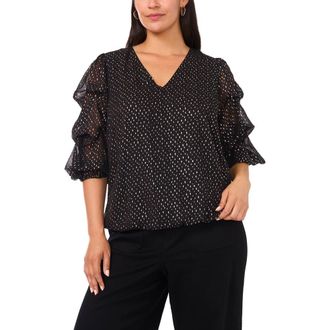 Vince Camuto Metallic Dot V-Neck Bubble Sleeve Top in Rich Black at Nordstrom, Size 2 X