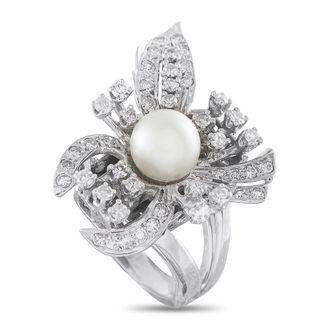 Luxury Bazaar Vintage 14K White Gold 1.0ct Diamond and Pearl Floral Cocktail Ring MF11-063026