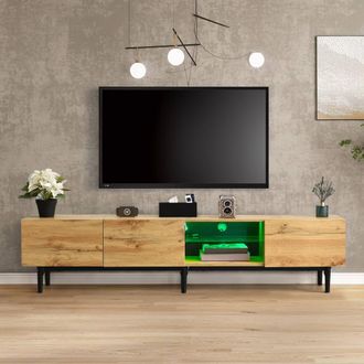Merax Modern 175cm LED TV Stand with 3 Storage Cabinets - Low Media Console in Light Oak