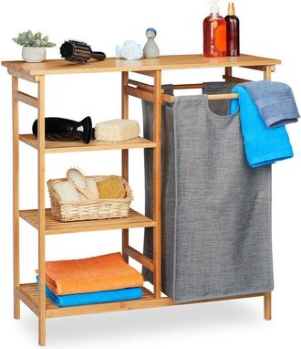 Relaxdays Estanter&iacute;a Ba&ntilde;o Con Cesto Ropa Sucia Abatible, Armario Bamb&uacute;, Saco Textil, 80,5x80x33,5 Cm, Natural Y Gris - Relaxdays