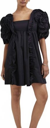 Farm Rio Ruffle Short Sleeve Mini Dress In Black