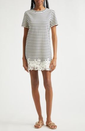 Veronica Beard Rhue Embroidered Hem T-Shirt Dress in Dove Navy Stripe at Nordstrom, Size X-Small