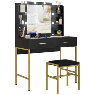 OEM Toeletta Trucco Con Specchio A 10 Lampadine E Sgabello Imbottito, Postazione Trucco Con 2 Cassetti, 6 Ripiani Portaoggetti E Piedini Antiscivolo Per C