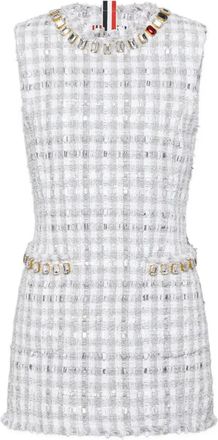 Thom Browne Tweed mini-jurk met gingham-ruit en Swarovski-kristallen - Grijs