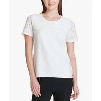 Calvin Klein Short Sleeve Scoop Neck Lace Top In Soft White