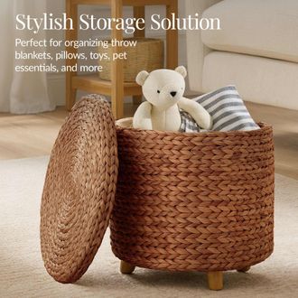 Best Choice Products 17 Round Storage Ottoman with Lid - Handwoven Water Hyacinth Modern Footstool