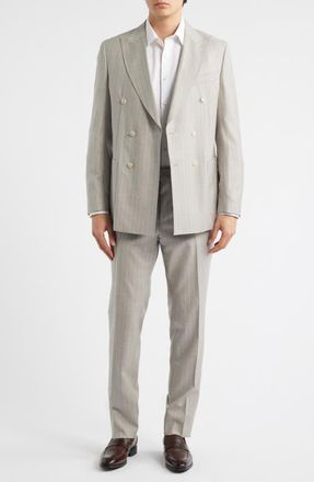 BOSS Huge Slim Fit Grey Pinstripe Double Breasted Virgin Wool Suit in Open White at Nordstrom, Size 36 Regular