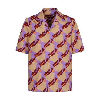 Gucci Geometrisch Bedrukt Shirt met Korte Mouwen - Heren - Korte mouwen Overhemden - Beige - L - Leer - Overhemden