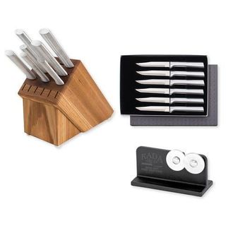 Rada Essential Oak 8 Piece Knife Block Set with Knife Sharpener & 6 Piece Serrated Steak Knife Set, Silver Handles at Nordstrom