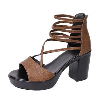 Generic Womens Chunky Block High Heels Platform Sandals Ankle Strap Zip Up Comfort Open Toe Casual Dress Pumps Shoes (Brown,7.5)