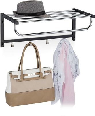 Relaxdays Relaxdays - Wall Coat Rack with Shelf, Wardrobe Rail 4 Hooks, Hallway & Bathroom, Modern, Metal, 25 x 60 x 32.5 cm, Black