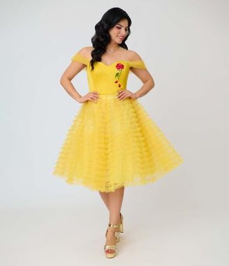 Unique Vintage Tulle Off The Shoulder Swing Dress in Yellow W/Rose Embroidery at Nordstrom, Size X-Large